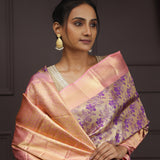Golden Pink Tissue Kanjivaram Silk Saree With Floral Peacock Design