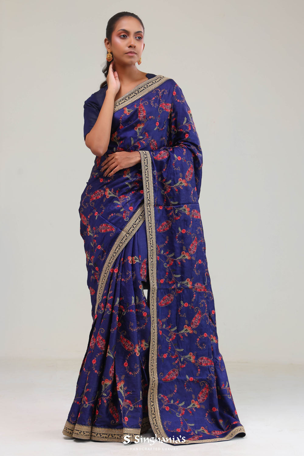 Navy Blue Crafted Jaal Tussar Saree