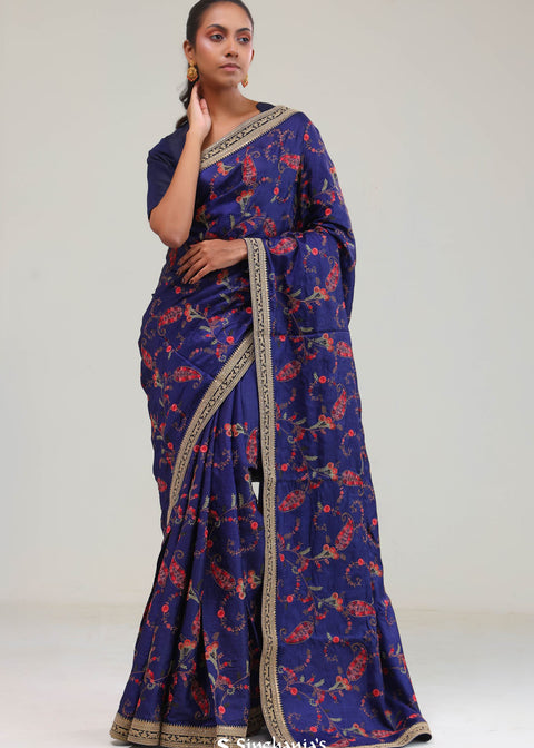 <img> Navy Blue Crafted Jaal Tussar Saree
