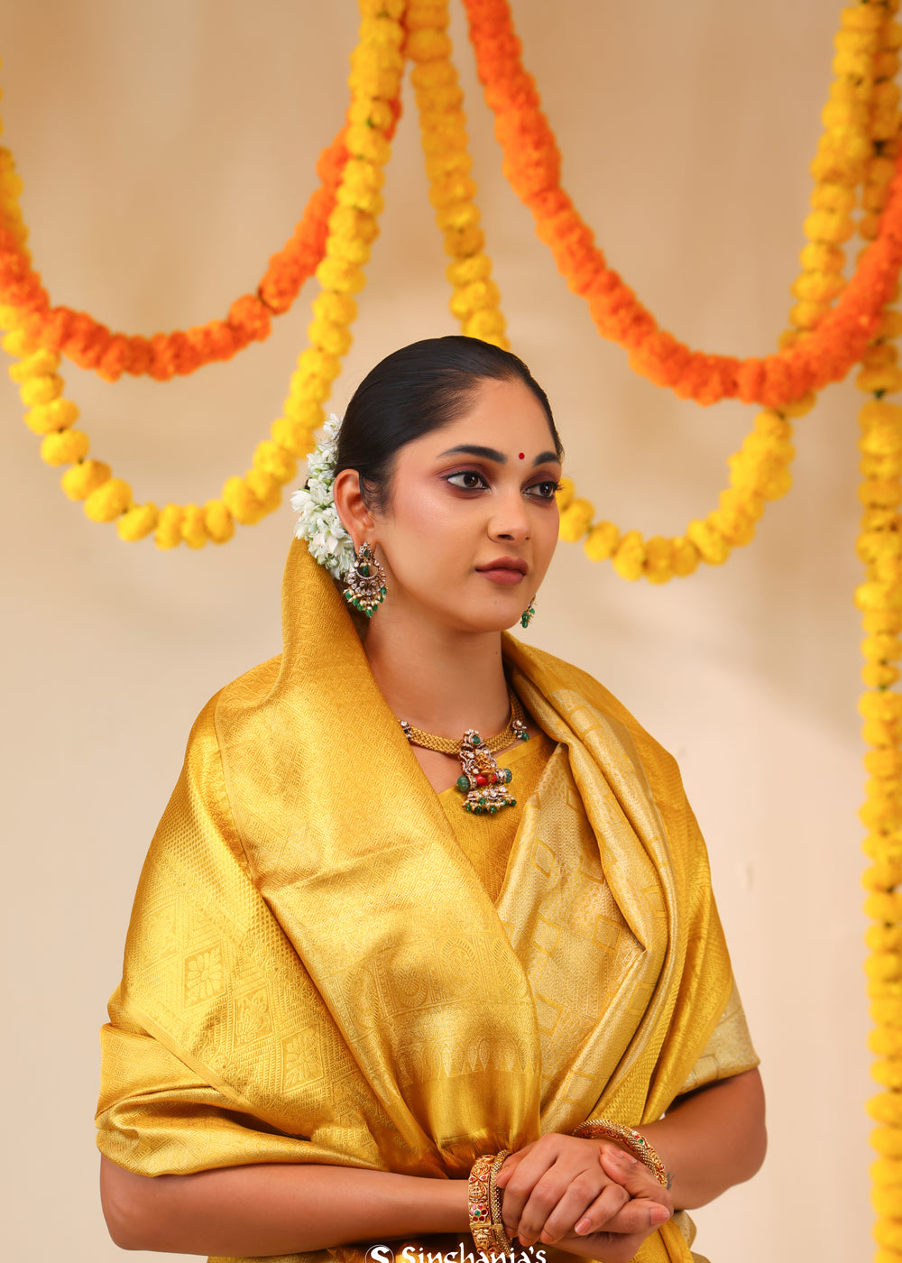 Hansa Yellow Tissue Kanjivaram Saree With Geometrical Weaving