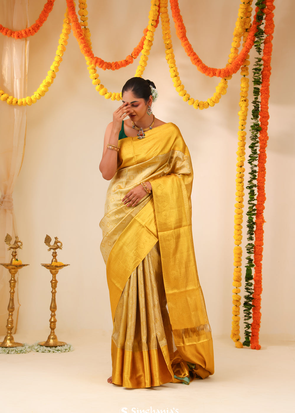 Hansa Yellow Tissue Kanjivaram Saree With Geometrical Weaving