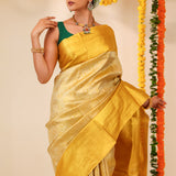 Hansa Yellow Tissue Kanjivaram Saree With Geometrical Weaving