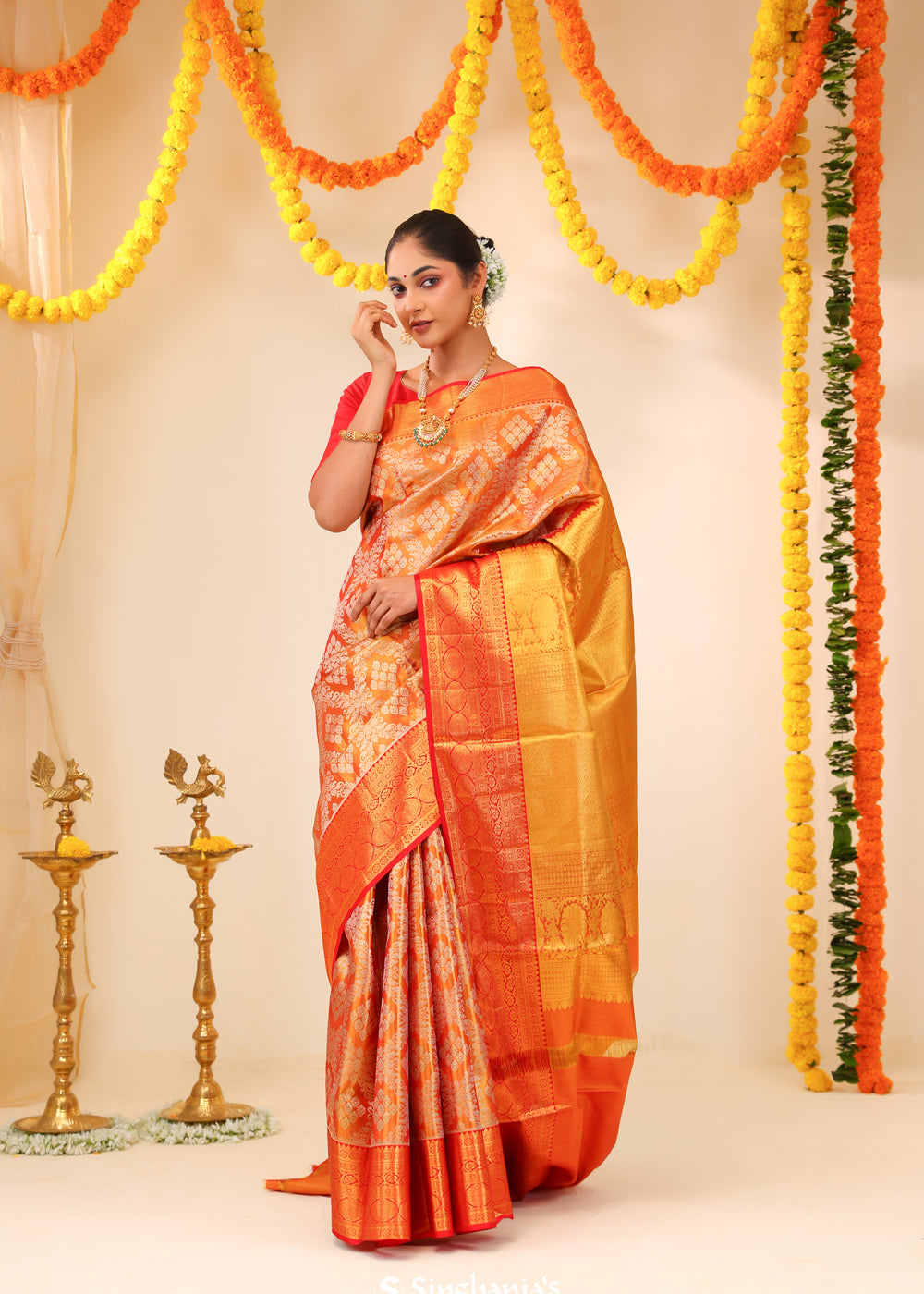 Peach Orange Tissue Kanjivaram Saree With Floral Jaal Weaving