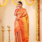 Peach Orange Tissue Kanjivaram Saree With Floral Jaal Weaving