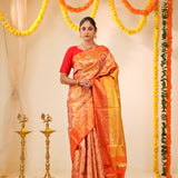 Peach Orange Tissue Kanjivaram Saree With Floral Jaal Weaving