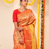 Peach Orange Tissue Kanjivaram Saree With Floral Jaal Weaving