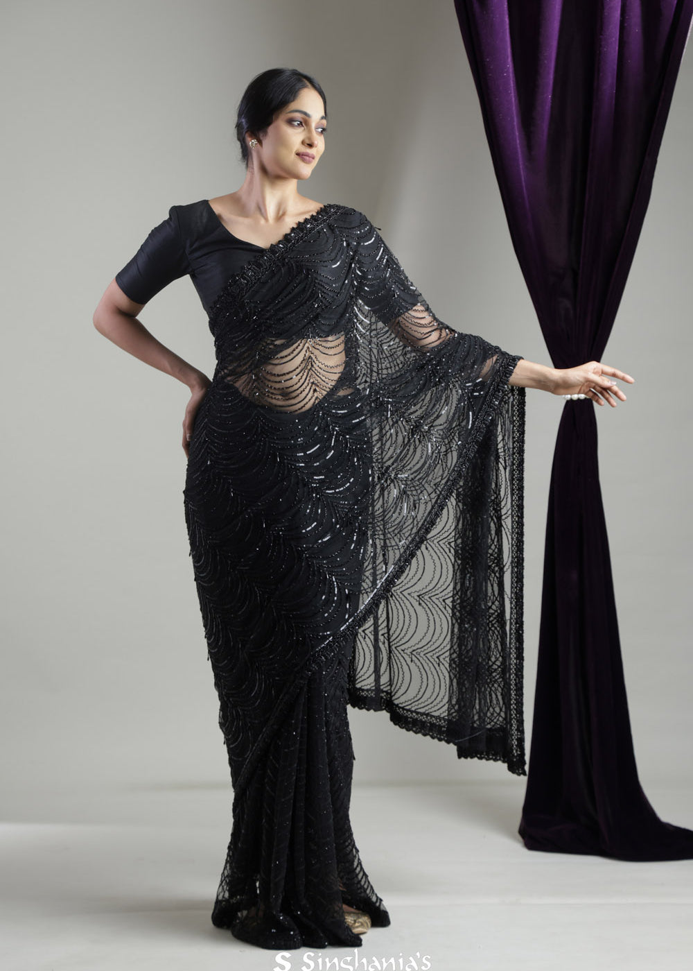 Night Black Net Saree With Scallop Embroidery