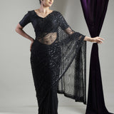 Night Black Net Saree With Scallop Embroidery