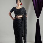 Night Black Net Saree With Scallop Embroidery