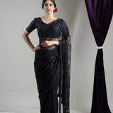 Night Black Net Saree With Scallop Embroidery