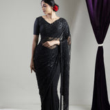 Night Black Net Saree With Scallop Embroidery