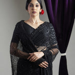 Night Black Net Saree With Scallop Embroidery