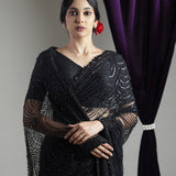 Night Black Net Saree With Scallop Embroidery