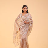 Sand Brown Organza Handcrafted Saree