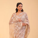 Sand Brown Organza Handcrafted Saree
