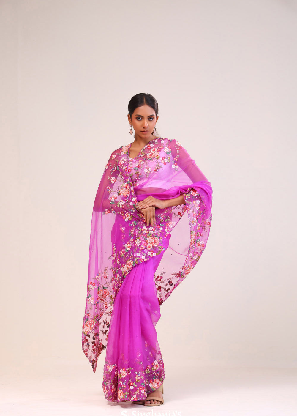 Ultra Pink Organza Handcrafted Saree