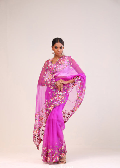<img> Ultra Pink Organza Handcrafted Saree