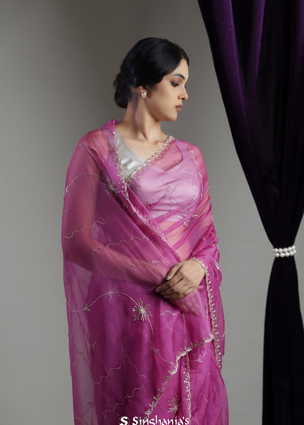 Mulberry Purple Organza Saree With Hand Embroidery