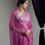 Mulberry Purple Organza Saree With Hand Embroidery