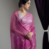 Mulberry Purple Organza Saree With Hand Embroidery