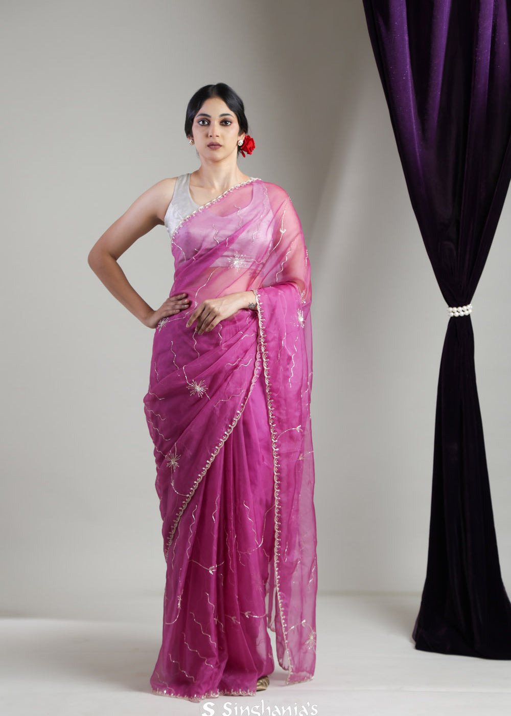 Mulberry Purple Organza Saree With Hand Embroidery