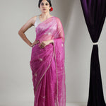 Mulberry Purple Organza Saree With Hand Embroidery