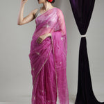 Mulberry Purple Organza Saree With Hand Embroidery