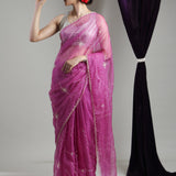 Mulberry Purple Organza Saree With Hand Embroidery