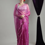 Mulberry Purple Organza Saree With Hand Embroidery