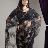 Classic Black Net Saree With Hand Embroidery