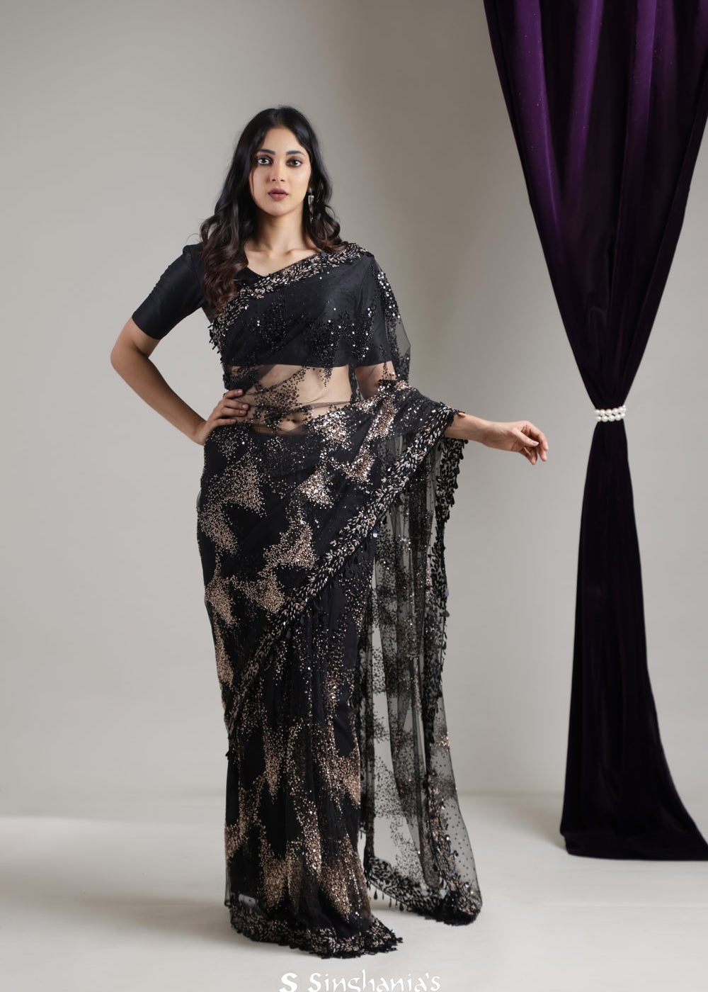 Classic Black Net Saree With Hand Embroidery