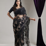 Classic Black Net Saree With Hand Embroidery