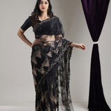Classic Black Net Saree With Hand Embroidery