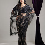 Classic Black Net Saree With Hand Embroidery