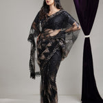 Classic Black Net Saree With Hand Embroidery