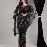 Classic Black Net Saree With Hand Embroidery
