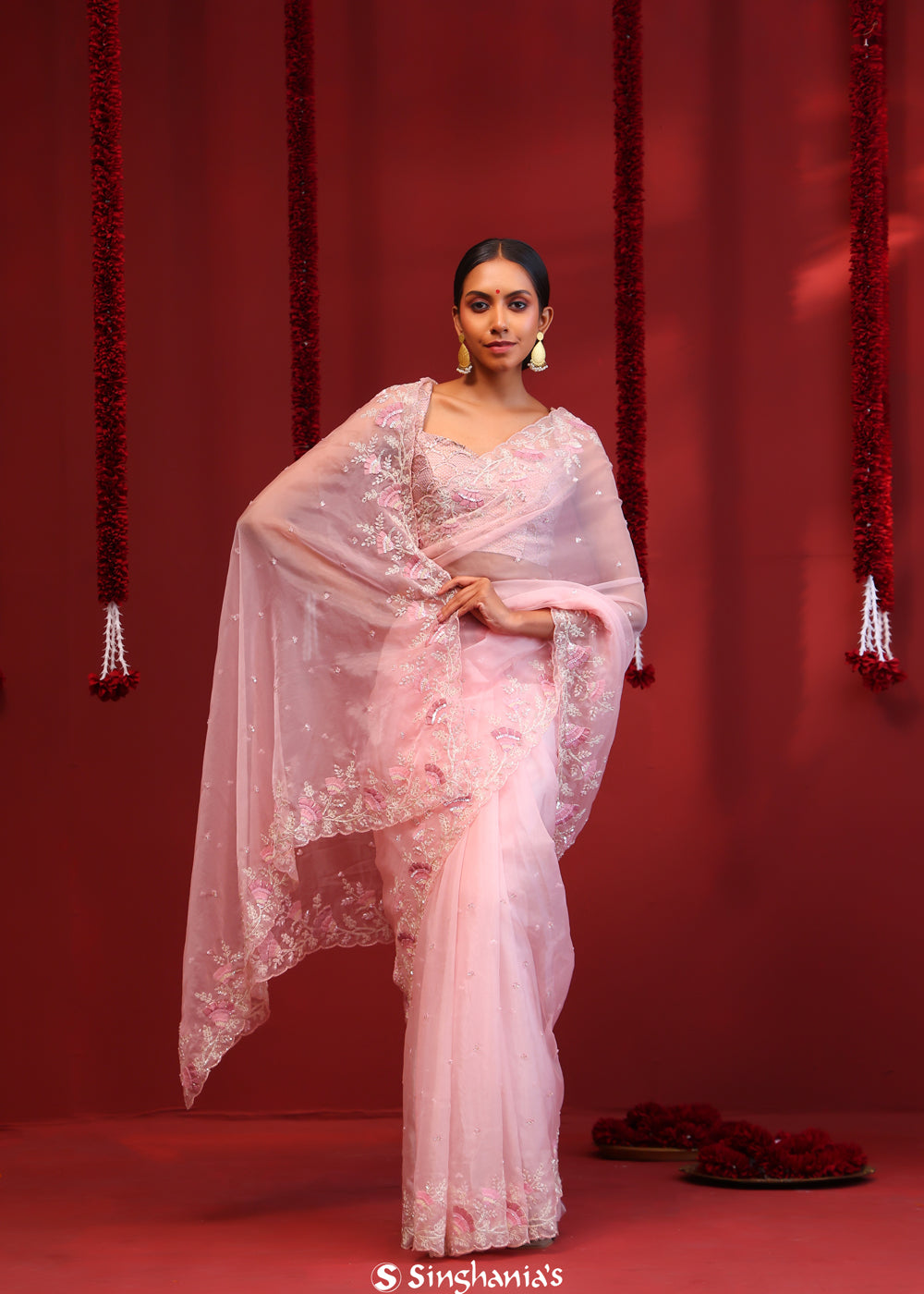 Baby Pink Organza Handcrafted Saree