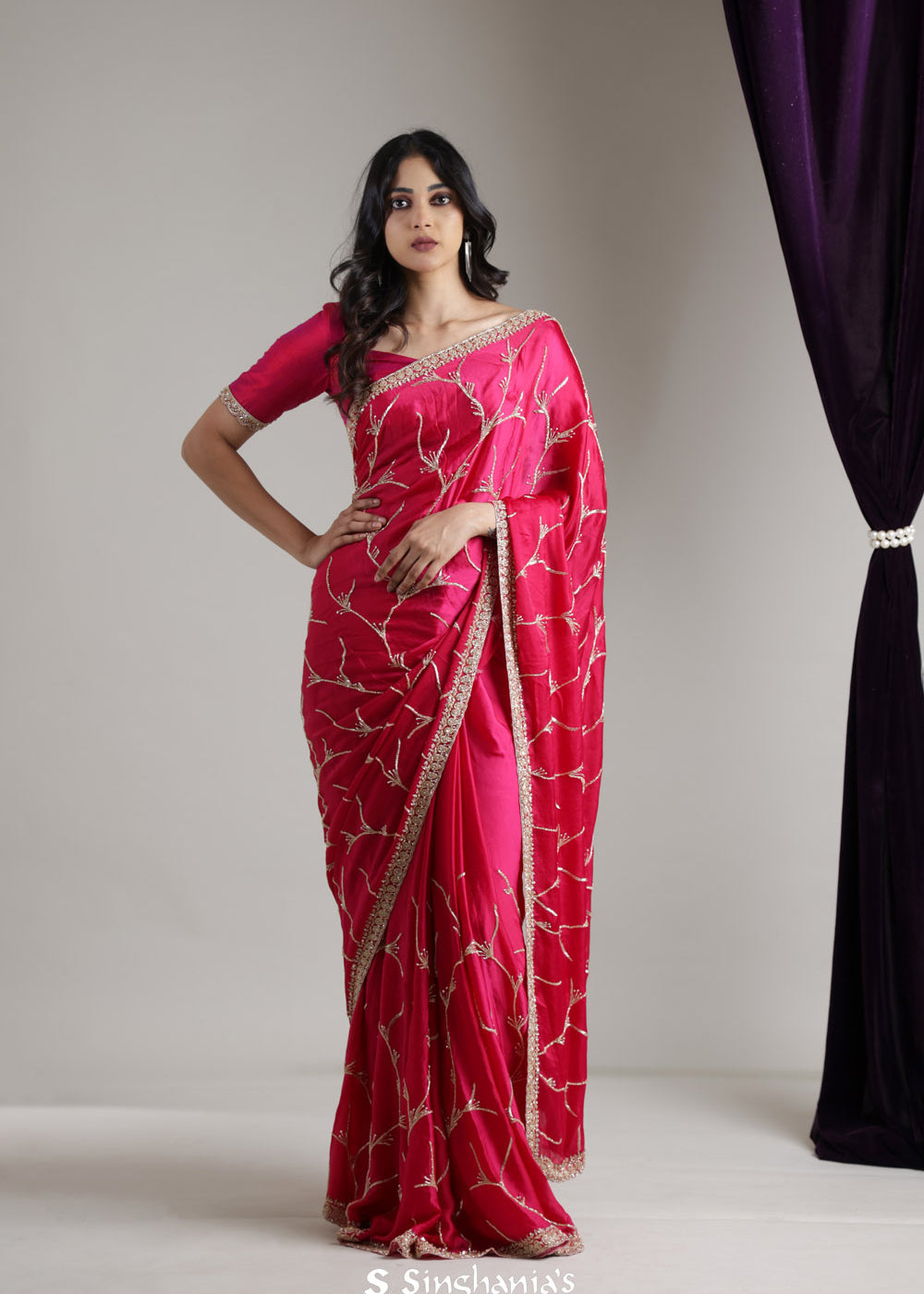 Bright Pink Satin Saree With Hand Embroidery