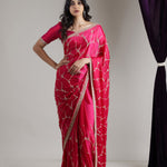 Bright Pink Satin Saree With Hand Embroidery