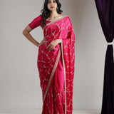 Bright Pink Satin Saree With Hand Embroidery