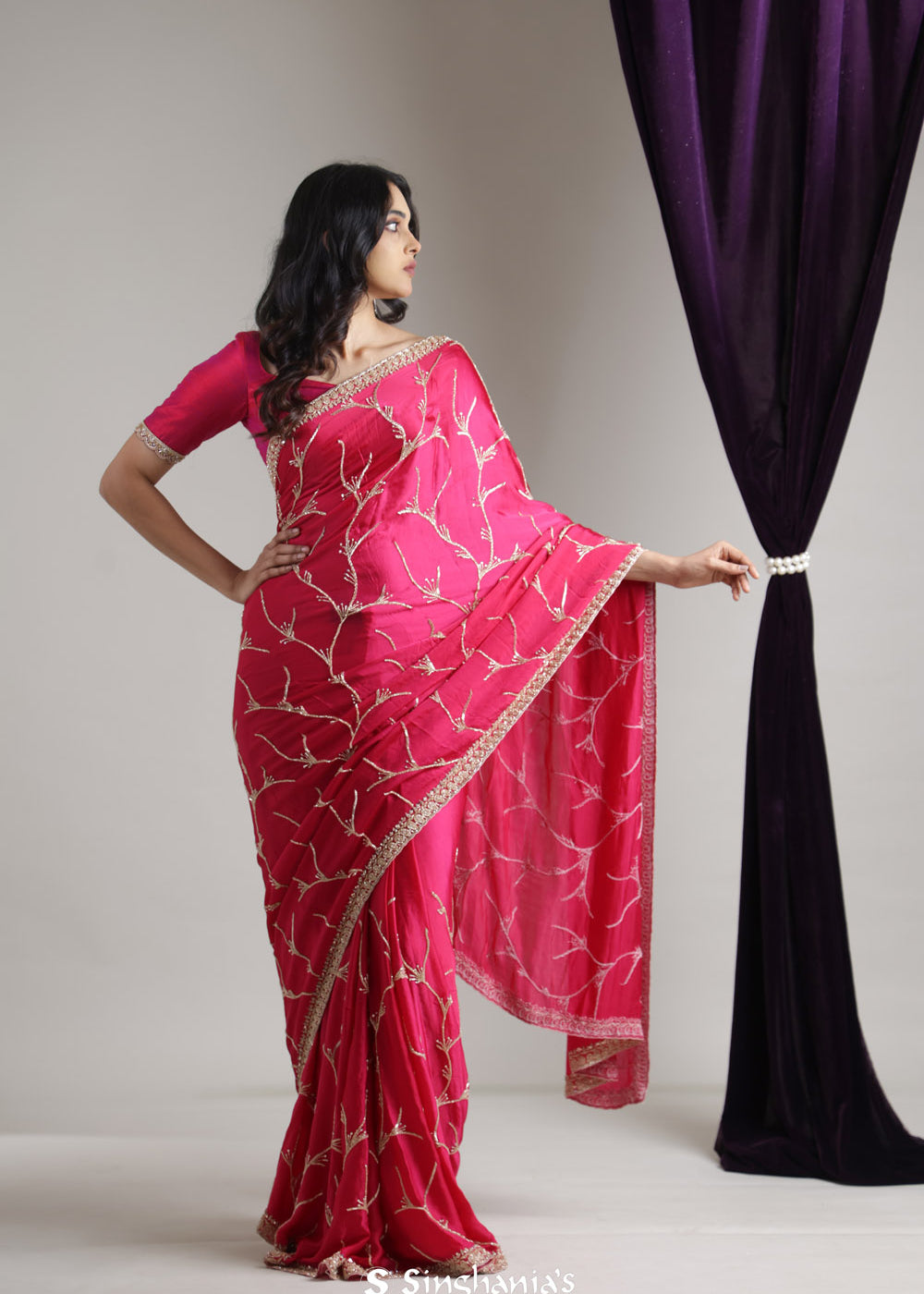 Bright Pink Satin Saree With Hand Embroidery