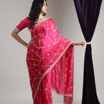 Bright Pink Satin Saree With Hand Embroidery
