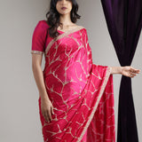 Bright Pink Satin Saree With Hand Embroidery