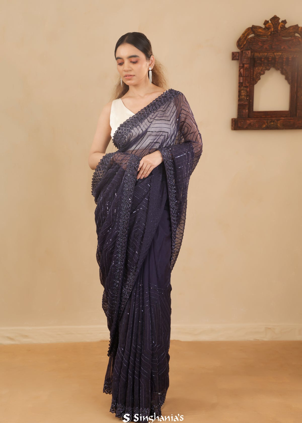 Dark Navy Blue Designer Georgette Saree With Embroidery