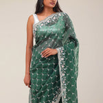 Bottle Green Handcrafted Organza Saree
