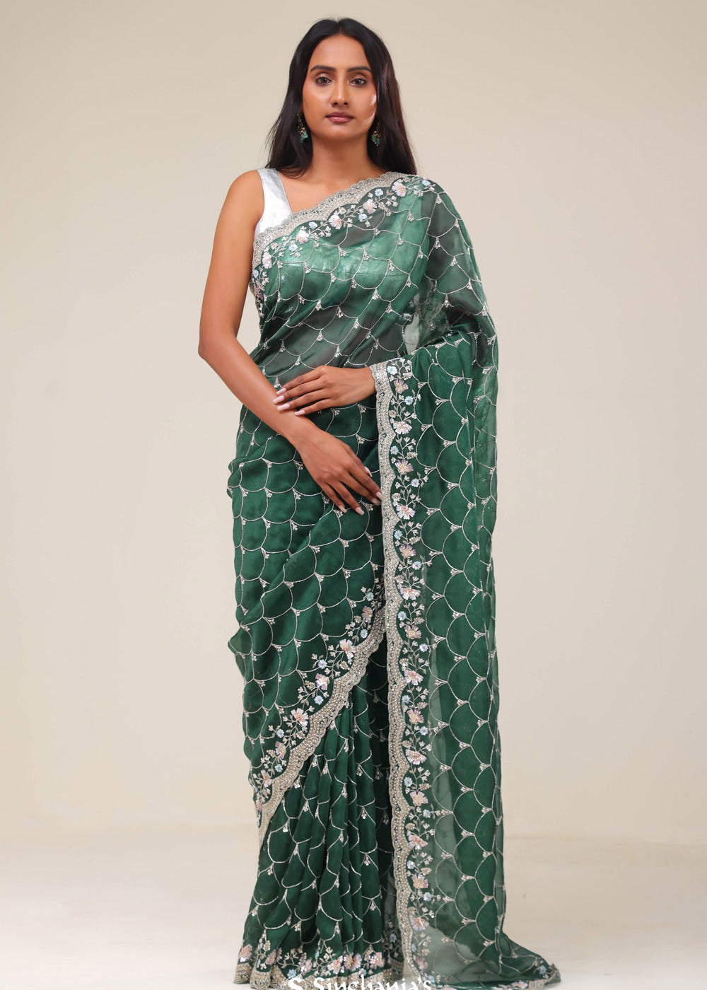 Bottle Green Handcrafted Organza Saree
