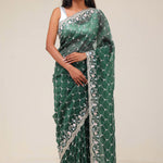 Bottle Green Handcrafted Organza Saree