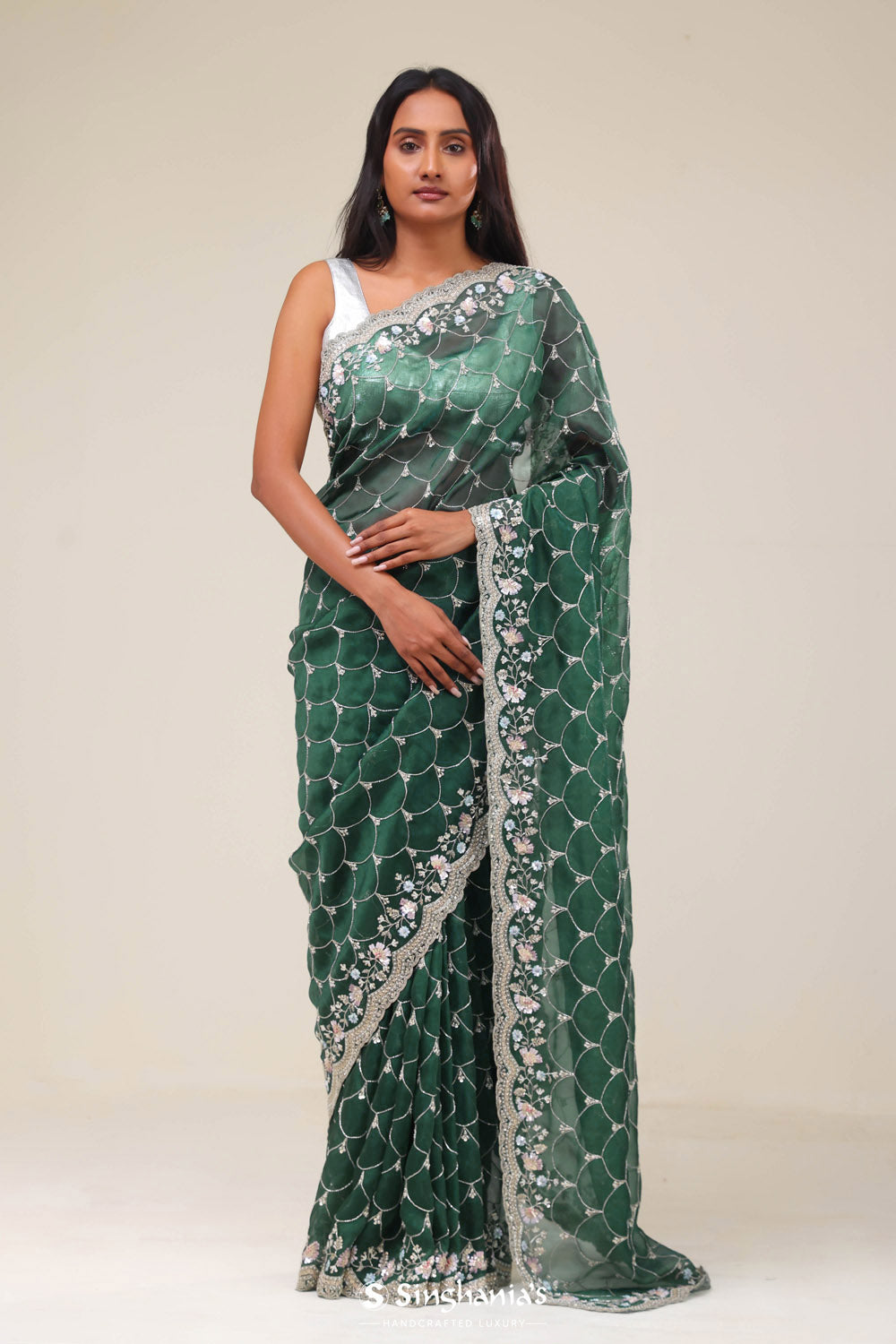 Bottle Green Handcrafted Organza Saree