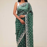 Bottle Green Handcrafted Organza Saree