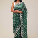 Bottle Green Handcrafted Organza Saree